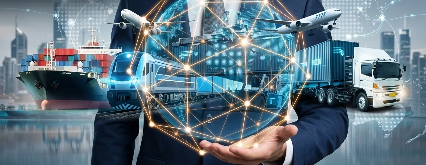 Ejecutivo sosteniendo una red global de comercio con buque, tren, avión y camión de carga